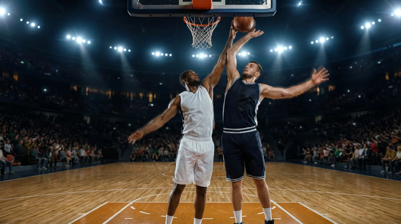 NBA players competing under the basket during a close game with scoreboard visible