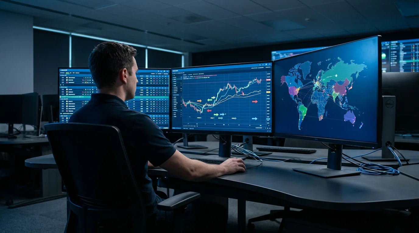 Professional sports integrity analyst reviewing match data on multiple monitors in an operations centre