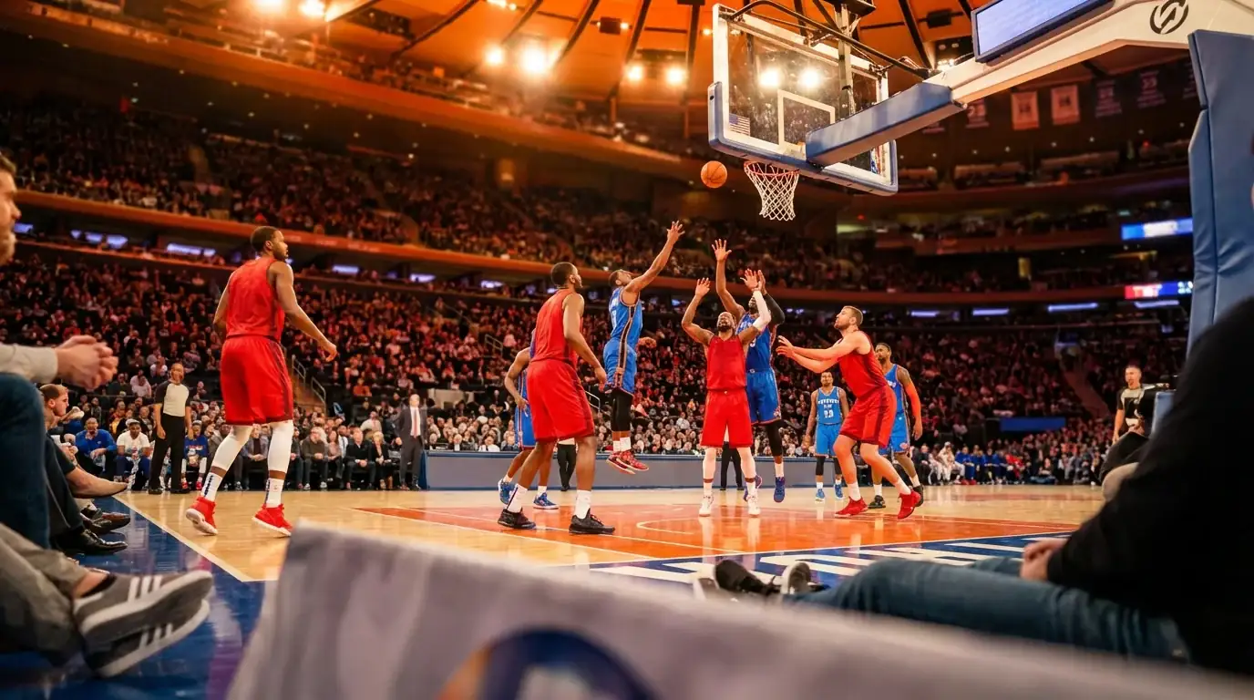 NBA basketball arena viewed from courtside seats with game in progress under arena lights